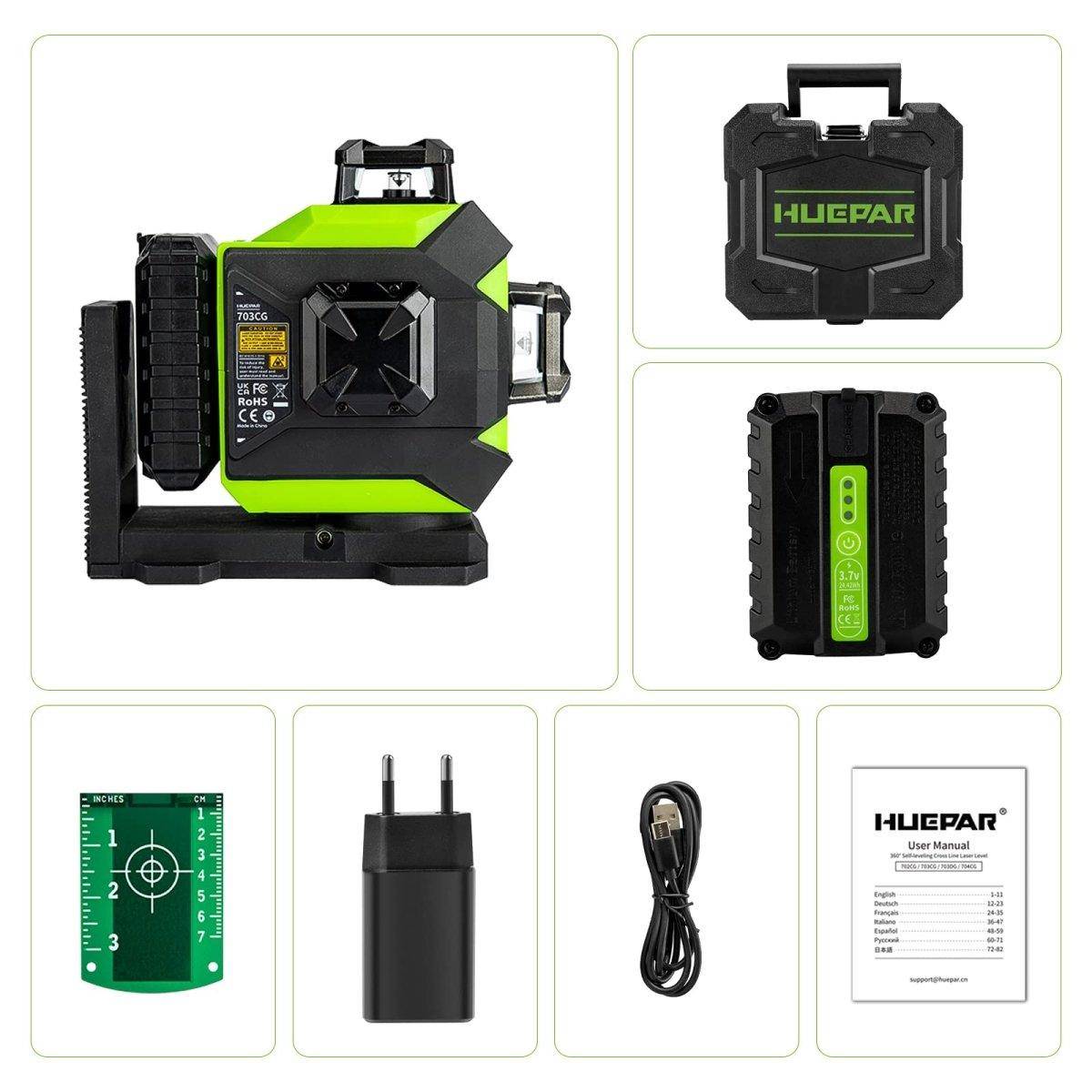 Huepar 703CG - 12 Lines 3D Osram Green Beam Self-Leveling Cross Line Laser Level with Hard Carry Case - HUEPAR UK