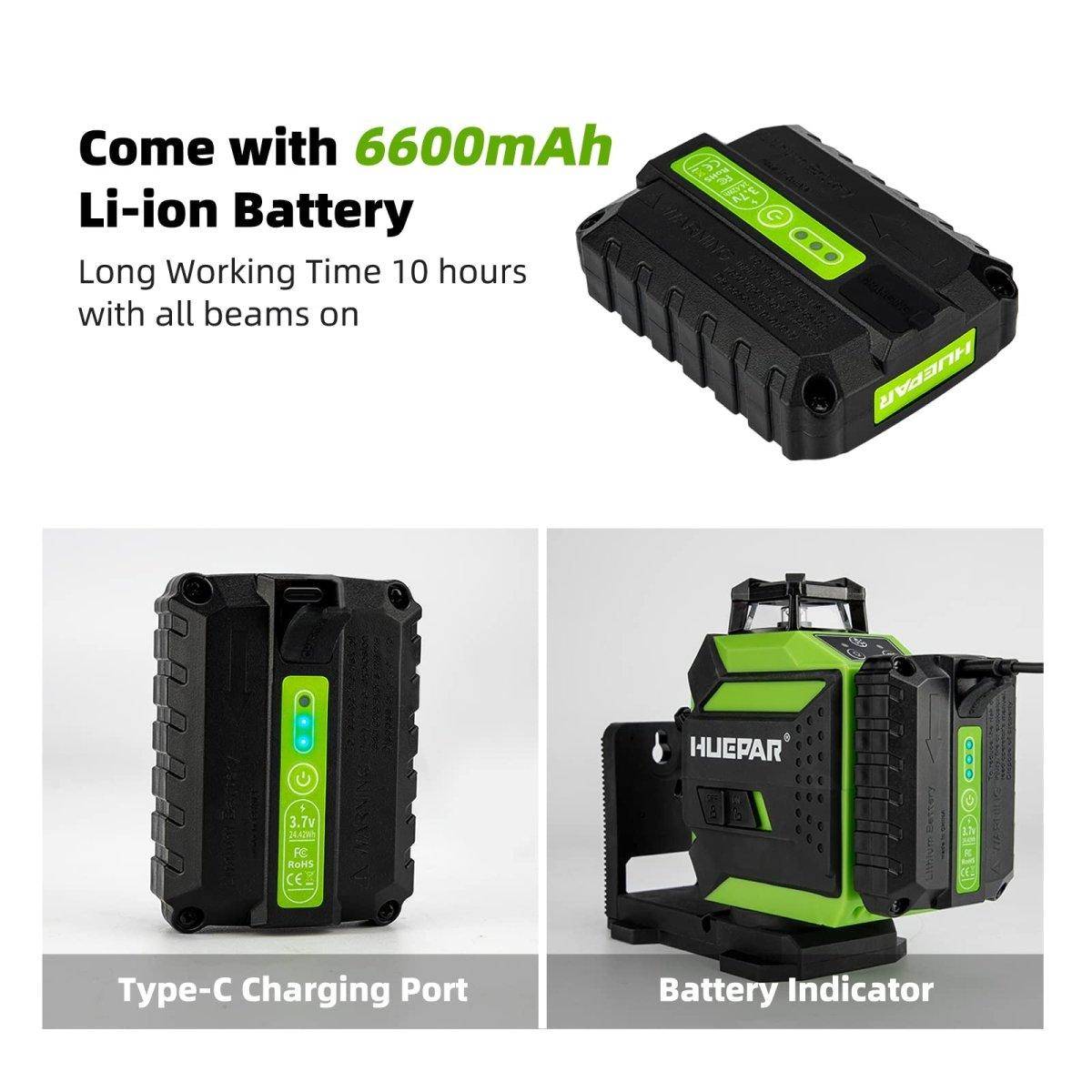 Huepar 3D Cross Line Self-leveling Laser Level 12 lines Green Beam Li-ion  Battery with Type-C Charging Port & Hard Carry Case