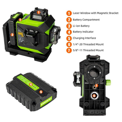 Huepar 703CG - 12 Lines 3D Osram Green Beam Self-Leveling Cross Line Laser Level with Hard Carry Case - HUEPAR UK