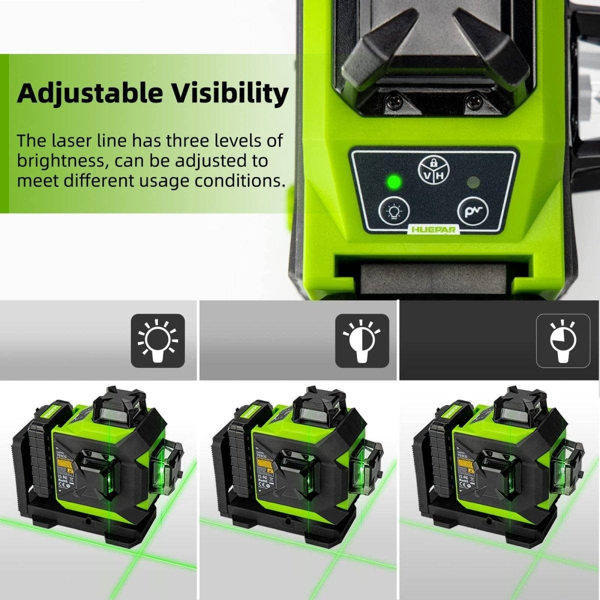 Huepar 703CG - 12 Lines 3D Osram Green Beam Self-Leveling Cross Line Laser Level with Hard Carry Case - HUEPAR UK