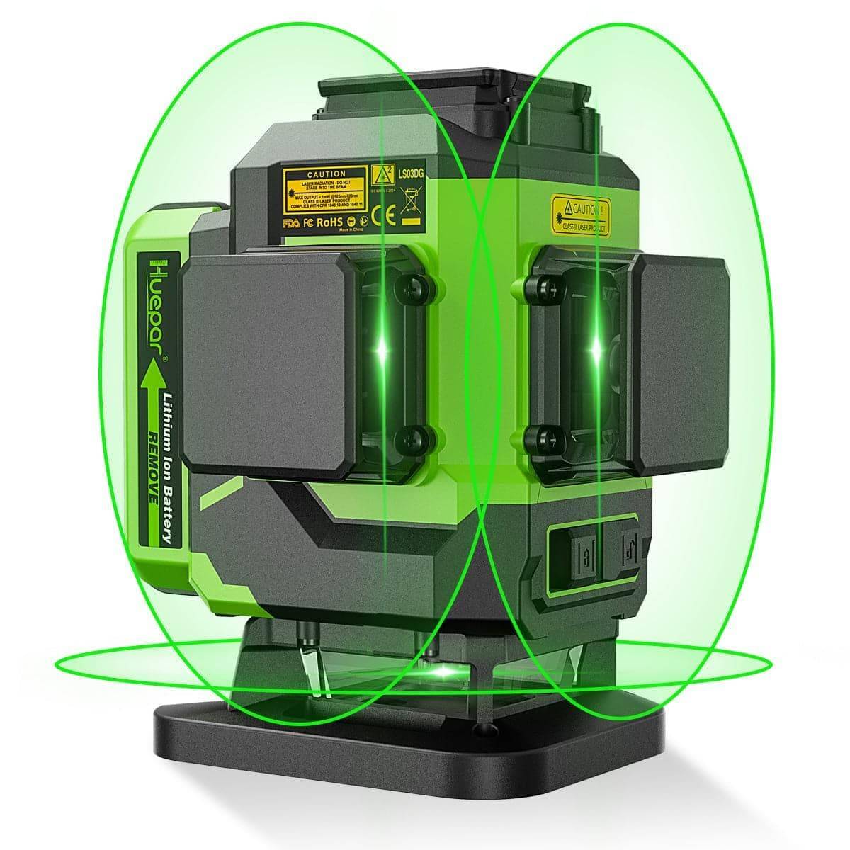 Huepar LS03DG - 3x360°Laser Level with 2 Li-ion Batteries 3D Green Cross Line Self Leveling - HUEPAR US